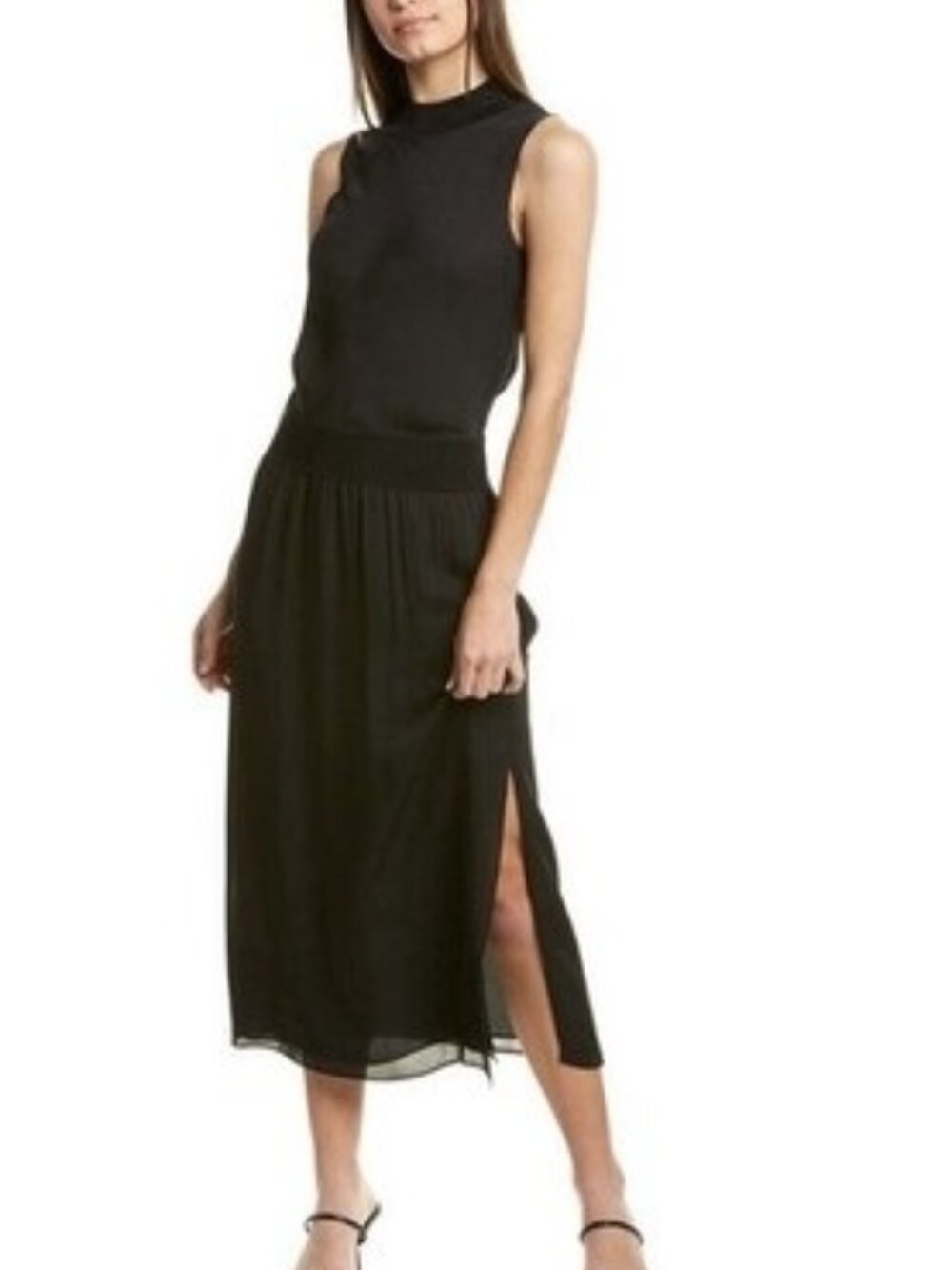 Theory NWT Mock Neck Silk Combo Drop Waist Midi Dress in Black Size Medium